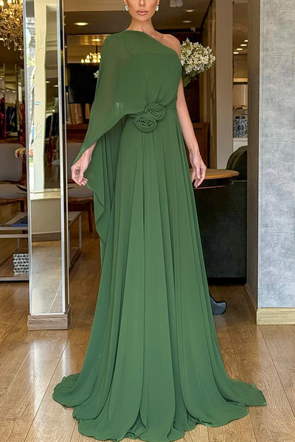 Cardydony Women's Iriena Chiffon One Shoulder Rose Decoration Waist Formal Maxi Dress