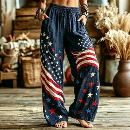 Cardydony Women's Casual American Flag And Star Print Cotton Linen Trousers