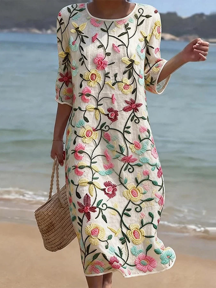 Cardydony Vintage Floral Art Pattern Linen Blend Loose Three-quarter Sleeve Dress