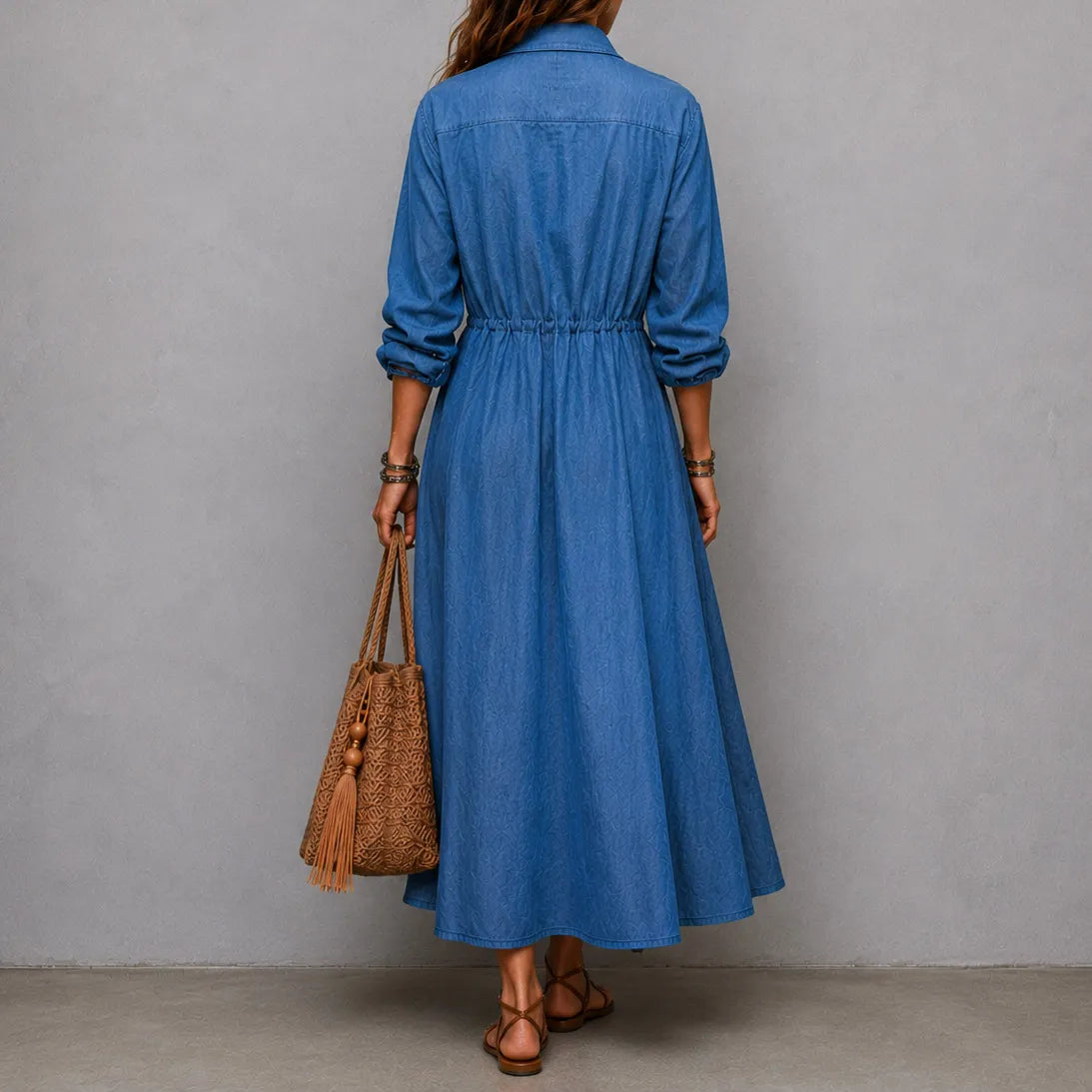 Cardydony Elegant Long-sleeved Drawstring Waist Shirt Dress Maxi Dress