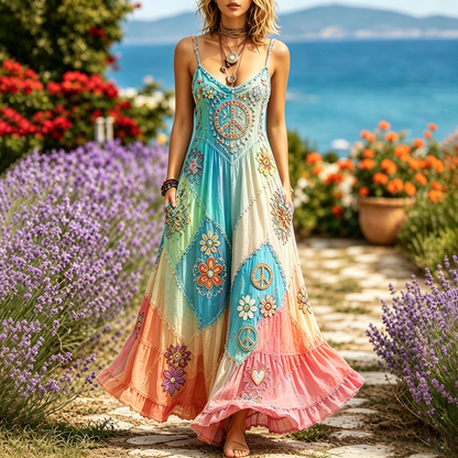 Cardydony Women's Hippie Floral Peace Sign Contrast Patchwork Sleeveless Dress