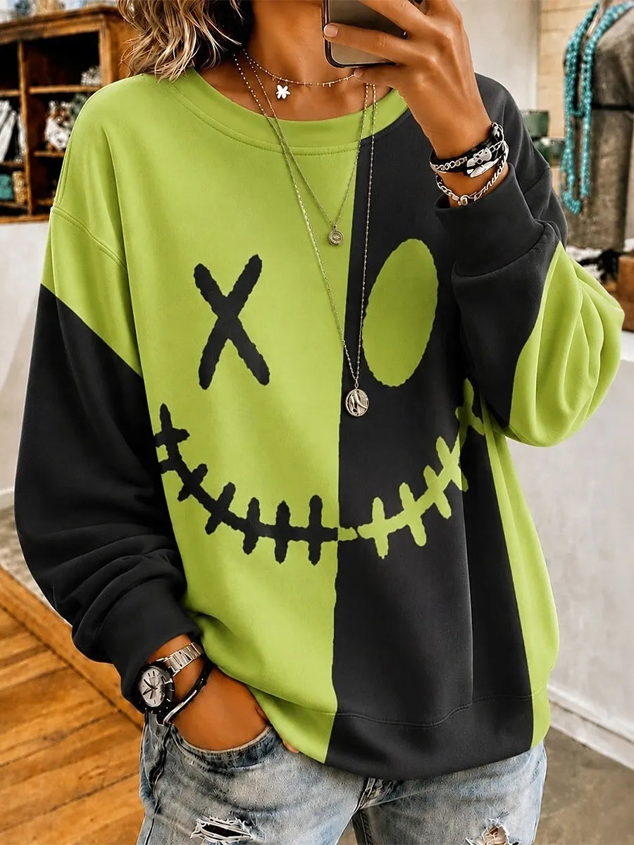 Cardydony Women's Retro Halloween Smiley Face Print Sweatshirt