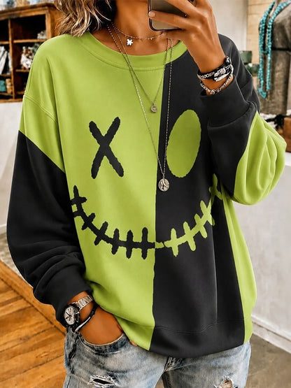 Cardydony Women's Retro Halloween Smiley Face Print Sweatshirt