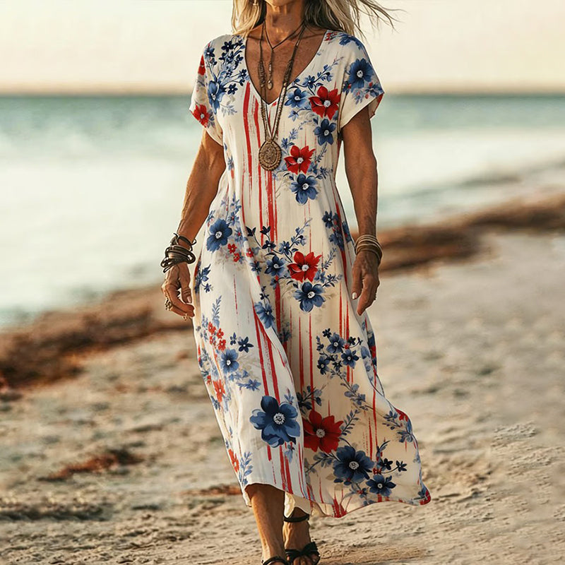 Cardydony Women's 250th Floral Embroidered Print Short Sleeve Maxi Dress