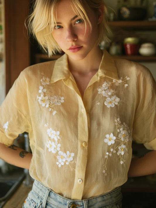 Cardydony Retro Japanese Cherry Blossom Tree Lapel Cardigan Short-sleeved Top