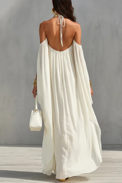 Cardydony Women's Fashionable Chiffon Metal Halter Neck Off-shoulder Elegant Loose-fitting Holiday Maxi Dress