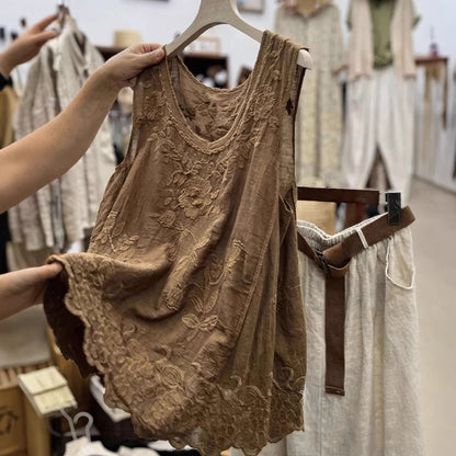 Cardydony Women's Vintage Lace Sleeveless Cotton-linen Vest