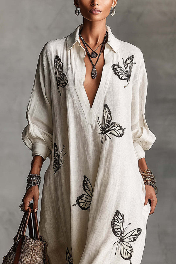 Cardydony Women's Butterfly Print V-Neck Long Sleeve Loose Casual Maxi Dress