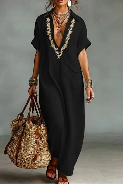Cardydony Women's  Linen Blend Embroidered V-neck Pocket Casual Loose Maxi Dress