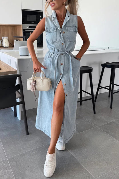 Cardydony Women's Solid Color Sleeveless Single Breasted Waist Tie Casual Pocket Denim Midi Dress