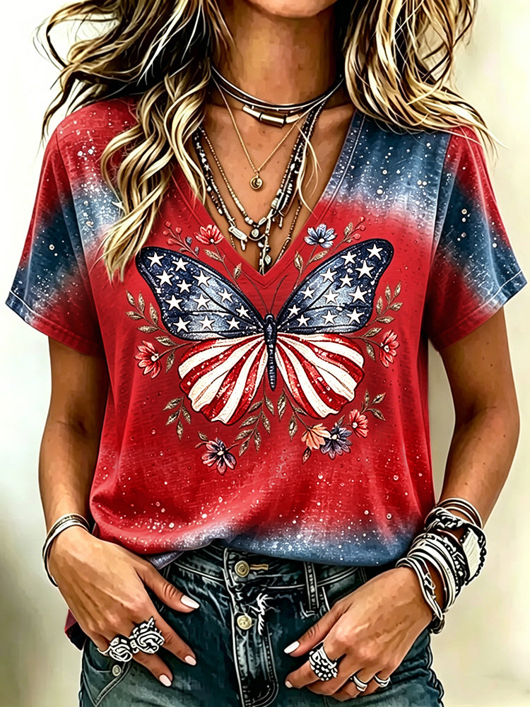 Cardydony Women's Vintage Independence Day Butterfly Printed V Neck Short Sleeve Casual Shirt