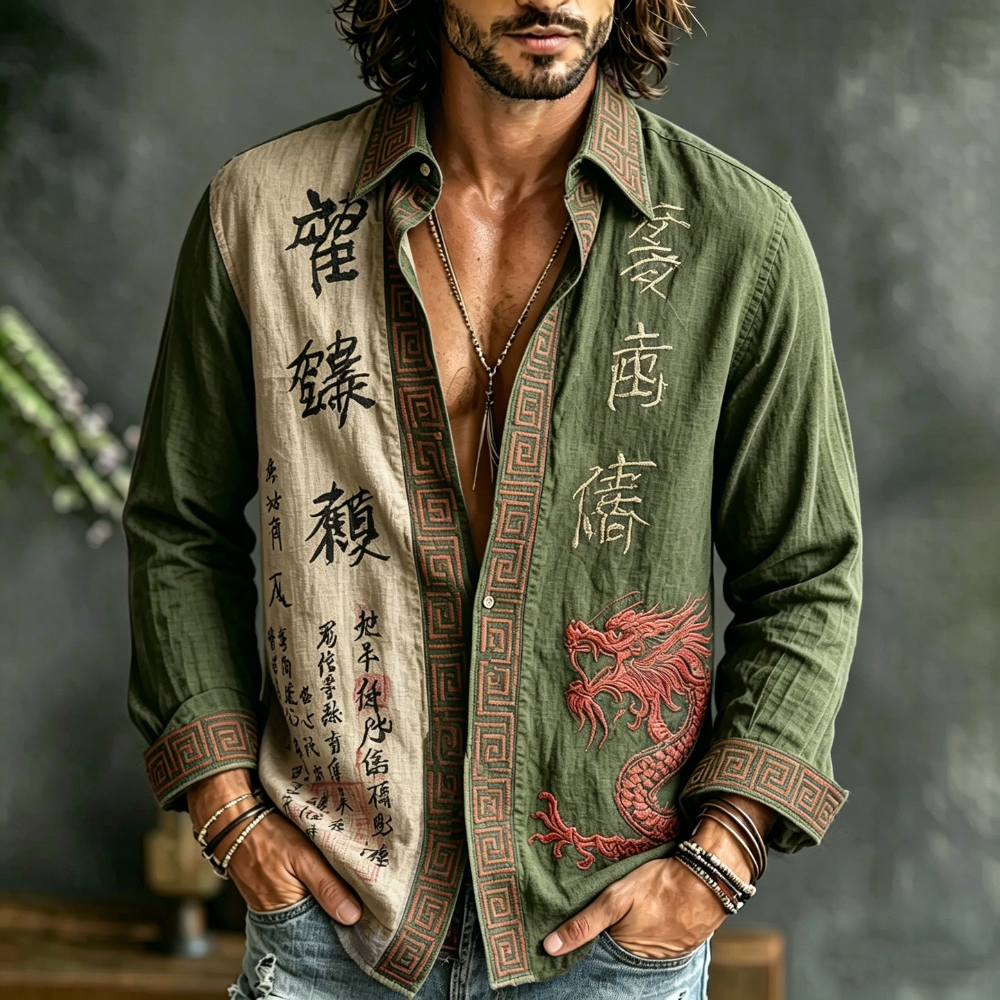 Cardydony Men's Retro Japanese Calligraphy And Dragon Art Pattern Casual Linen Blend Shirt