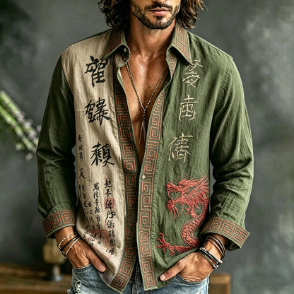 Cardydony Men's Retro Japanese Calligraphy And Dragon Art Pattern Casual Linen Blend Shirt