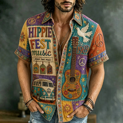 Cardydony Men's Retro Bohemian Hippie Style Floral Patchwork Print Short-sleeve Shirt