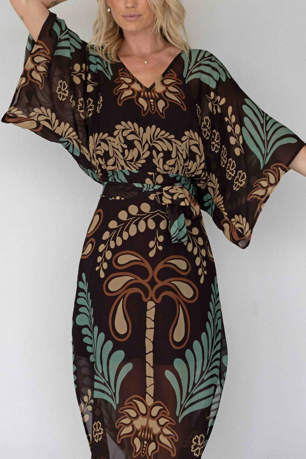Cardydony Women's Bohemian Style Unique Printed Chiffon Loose-fitting Belted Maxi Dress