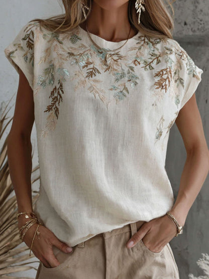 Cardydony Women's Retro Floral Branch Art Print Linen Blend Crew Neck T-shirt