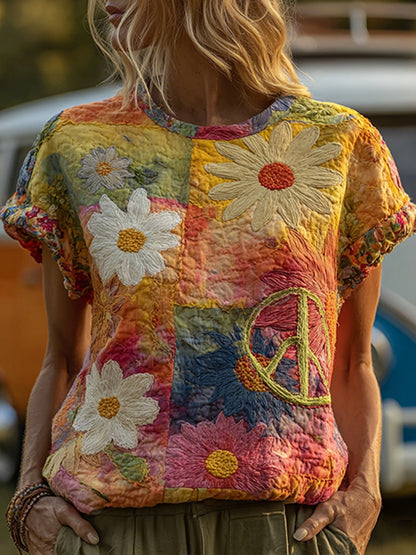 Cardydony Women's Hippie Watercolor Daisy Art Patchwork Print Crew Neck Cotton T-shirt