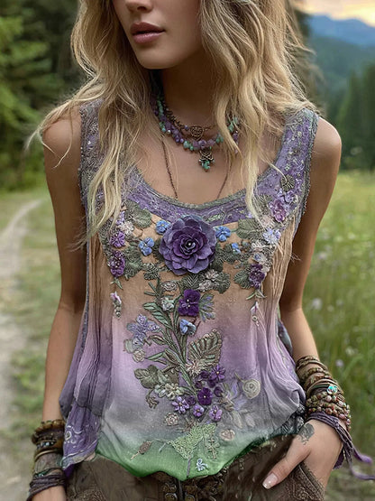 Cardydony Vintage Classy Gradient Purple Lavender And Floral Embroidered Pattern Linen Tank Top