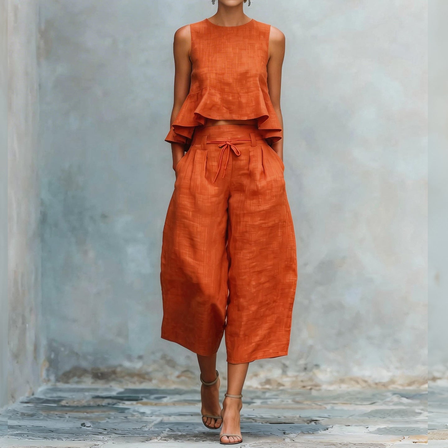 Cardydony Women's Ruffled Linen-blend Two-piece Set