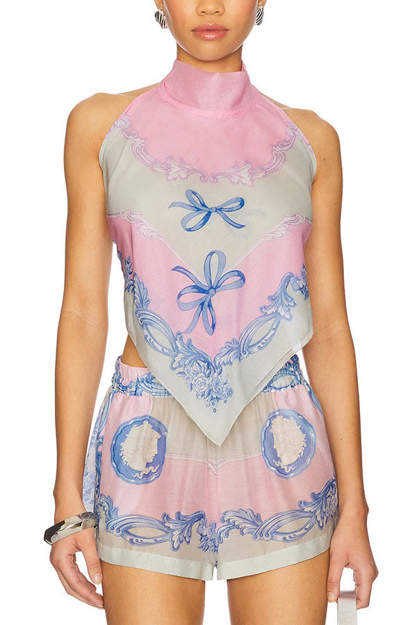 Cardydony Women's Amalfi Coast Satin Unique Print Scarf Top and Elastic Waist Pocket Loose Shorts Set