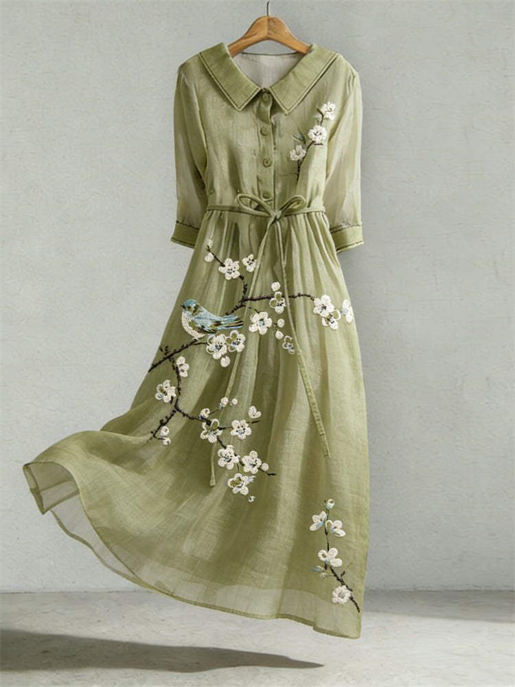 Cardydony Bird & Plum Blossom Japanese Art Flowy Maxi Dress