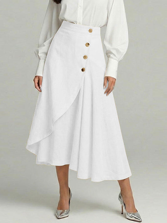 Cardydony Women's Casual Retro Irregular Ruffles Button Cotton And Linen Skirt