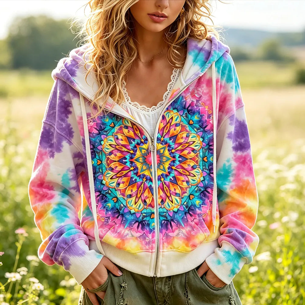 Cardydony Women's Full-zip Hoodie Sweatshirt With Colorful Tie-dye And Vibrant Mandala Floral Art Print