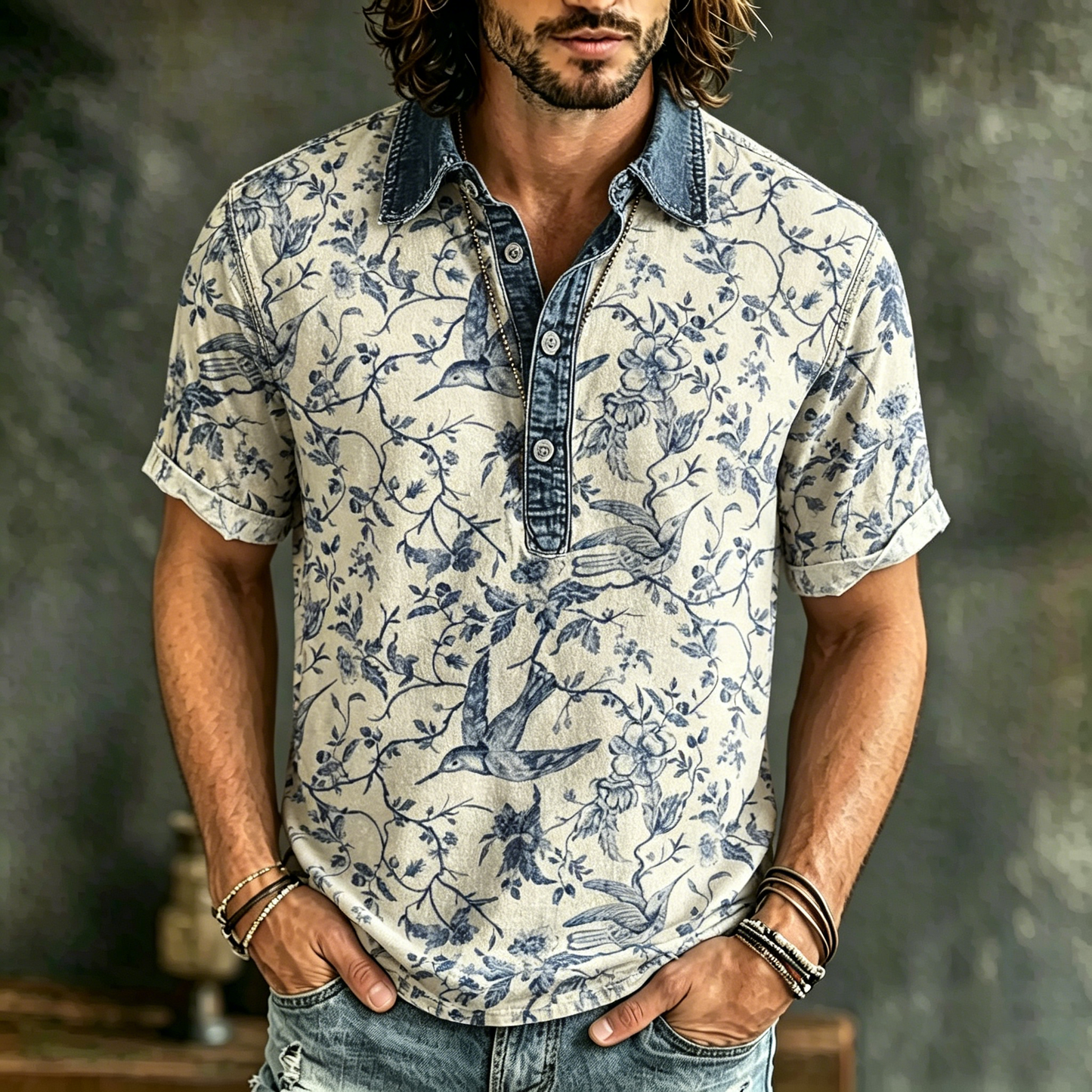 Cardydony Men's Vintage Causal Spring Summer Floral And Birds Art Print Flowy Polo Shirt