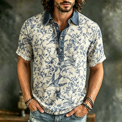 Cardydony Men's Vintage Causal Spring Summer Floral And Birds Art Print Flowy Polo Shirt