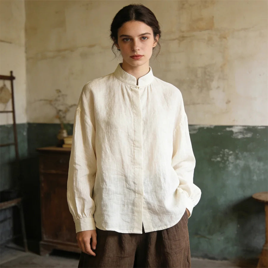 Cardydony Women's Japanese Cotton Linen Standing Collar Long Sleeve Shirt