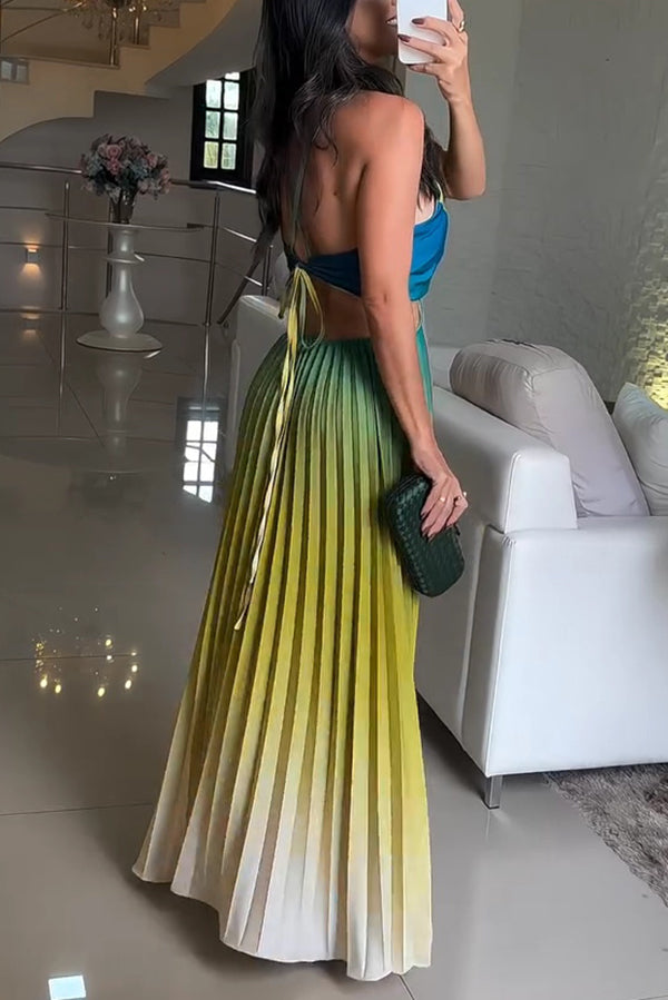Cardydony Women's Fashionable Backless Tie Elegant Gradient Pleated Maxi Dress