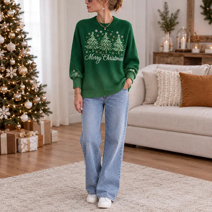 Cardydony Women's Christmas Tree Graphic Relaxed Fit Ombre Green Crewneck Pullover Sweater