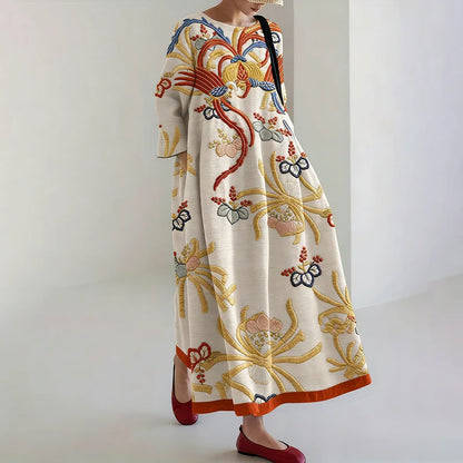 Cardydony Women's Vintage Japanese Floral Print Linen Blend Midi Dress