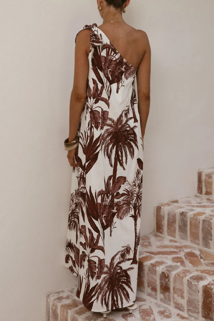 Cardydony Women's Botanical Print Sleeveless One-shoulder Casual Vacation Maxi Dress