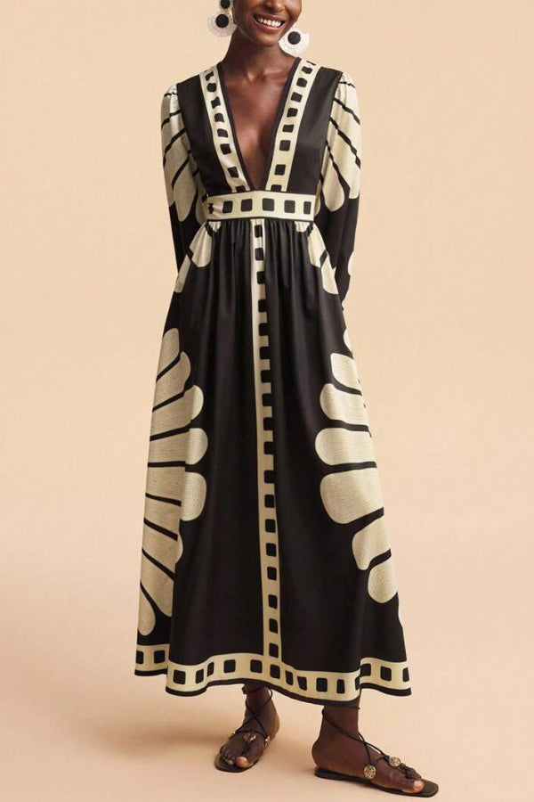 Cardydony Women's  Unique Print V-Neck Long Sleeve Casual Vacation Maxi Dress