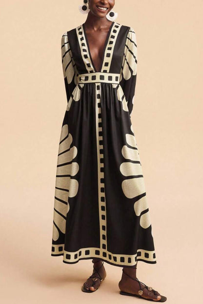 Cardydony Women's  Unique Print V-Neck Long Sleeve Casual Vacation Maxi Dress