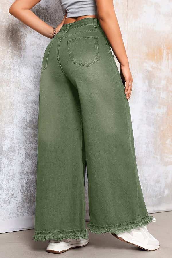 Cardydony Women's Stylish Loose-fitting Frayed Hem Casual Pocket Wide-leg Jeans