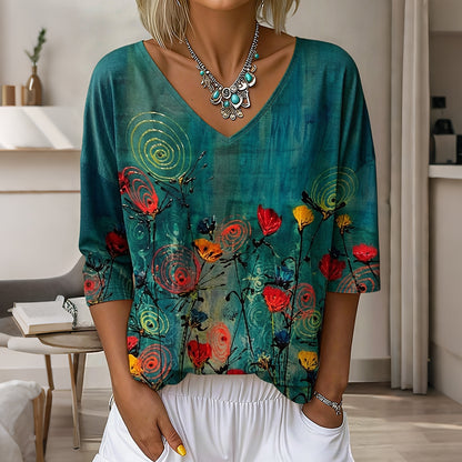 Cardydony Women's Vintage Floral Pattern Art Print Flowy Linen Blend Three-quarter Sleeve V Neck Linen Tops