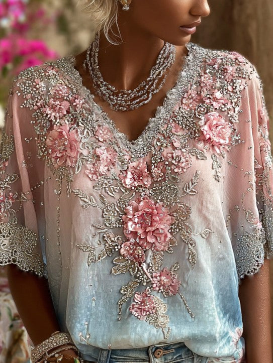 Cardydony Women's Retro Bohemian Style Floral Print V-neck Short-sleeve Top