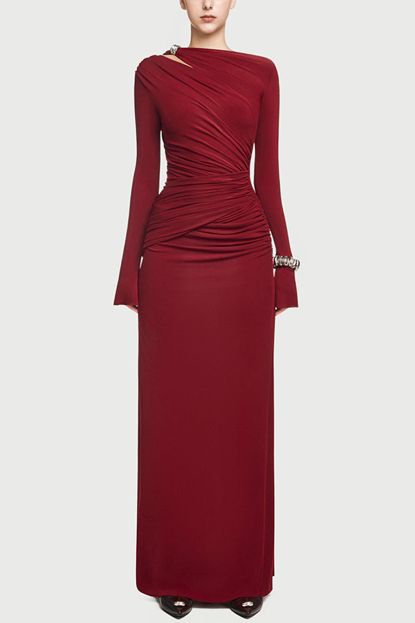 Cardydony Women's Stylish Long-sleeved Slim-fit Pleated Elegant Maxi Dress