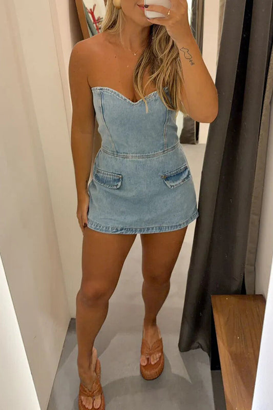 Cardydony Women's  Avantie Denim Off Shoulder Back Smocked Zipper Romper