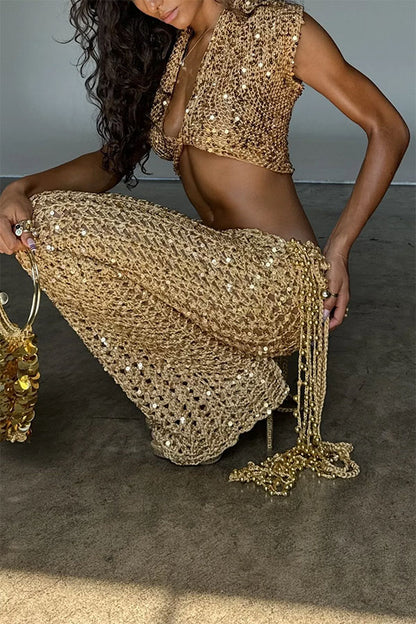 Cardydony Women's Gold Coast Knit Sequin Fabric Short Sleeve Crop Top and Adjustable Beaded Waist Loose Pants Set