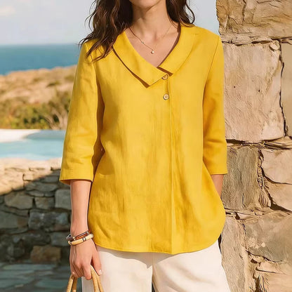 Cardydony Casual Linen Buttoned Irregular V-neck Shirt