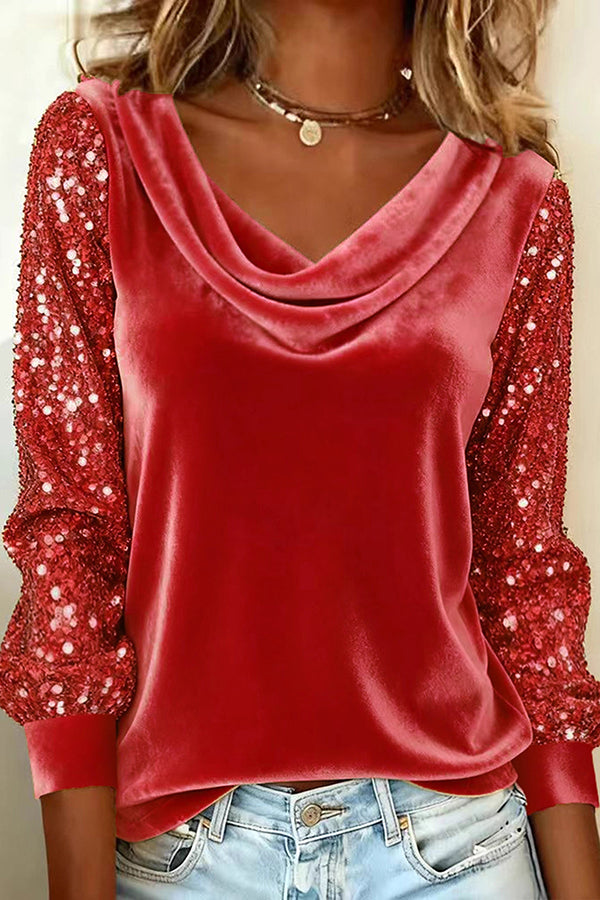 Cardydony Women's Stylish Velvet Sequin Patchwork Long-sleeved Casual Top