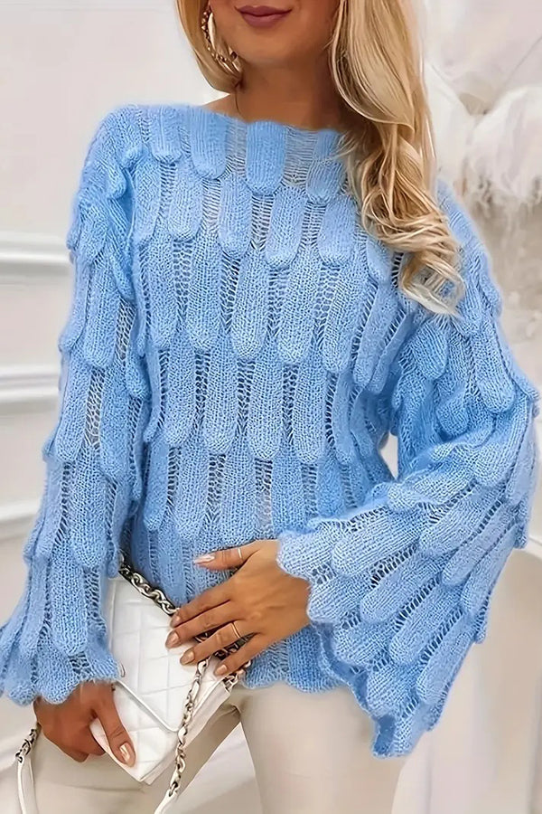 Cardydony Women's Elegant Feather Hollow Loose Bell Sleeve Knitted Sweater