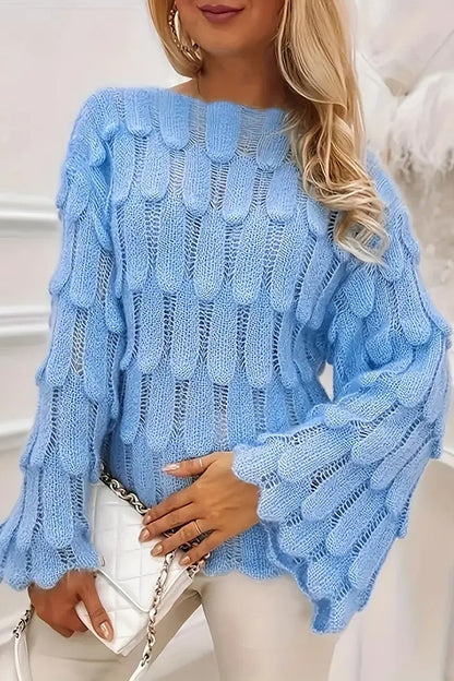 Cardydony Women's Elegant Feather Hollow Loose Bell Sleeve Knitted Sweater