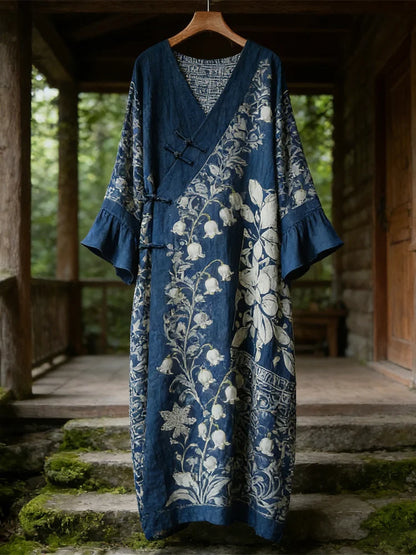 Cardydony Vintage Japanese Floral Women's V-neck Linen Maxi Dress