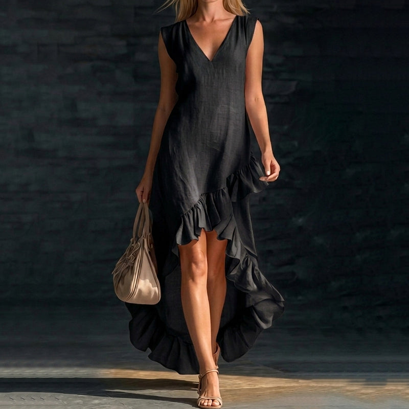Cardydony Sleeveless V-neck Ruffled Hem Linen Dress
