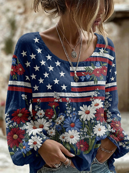 Cardydony Women's Vintage Independence Day Flag Flower Art Print Linen Blend T-shirt