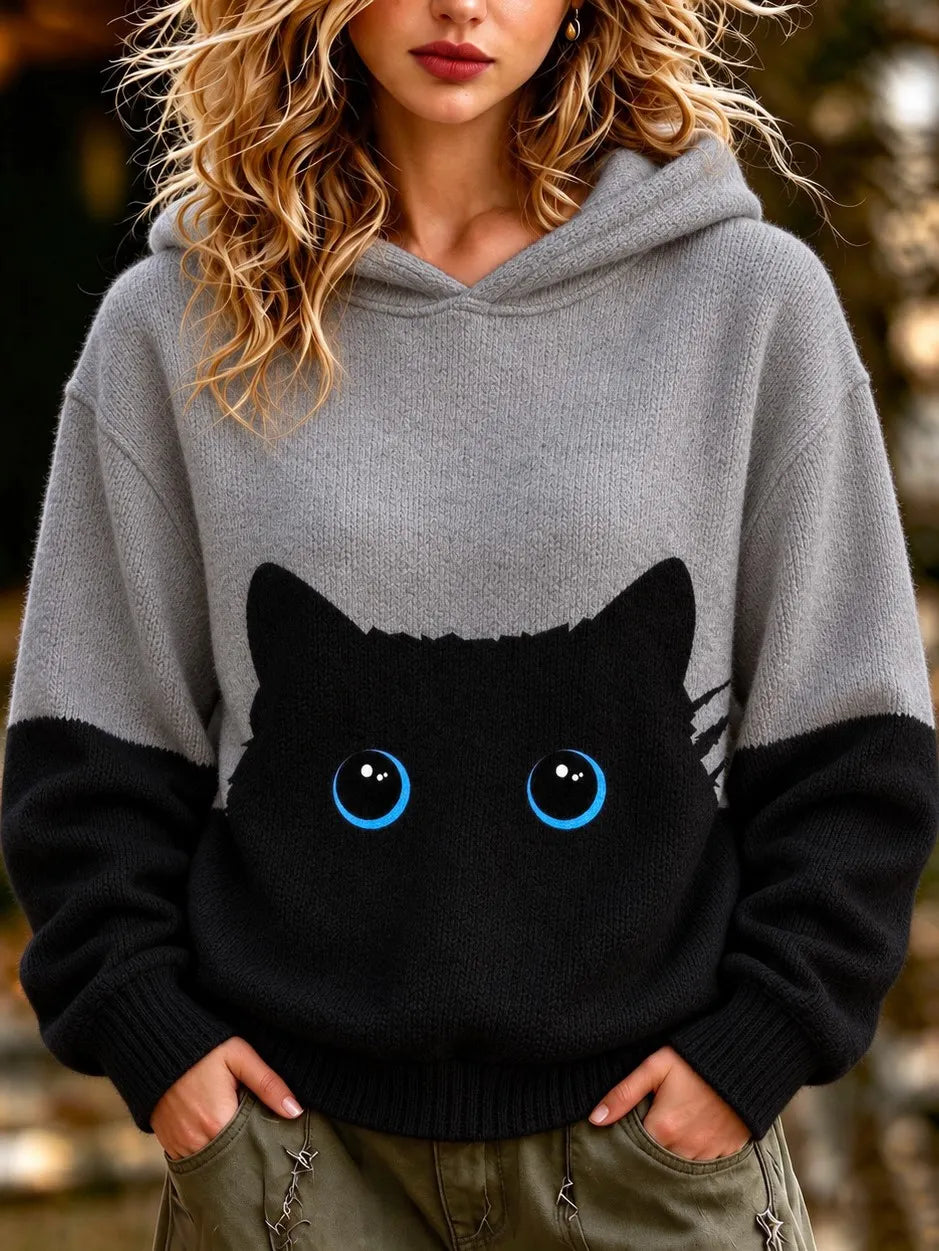 Cardydony Women's Black Cat-print Colorblock Hooded Sweater